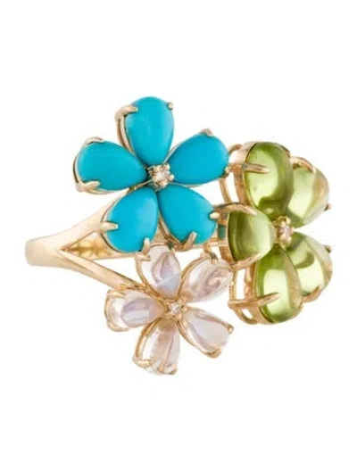 Pre-owned Nina Zhou 14k Multi-gemstone & Diamond Flower Cocktail Ring