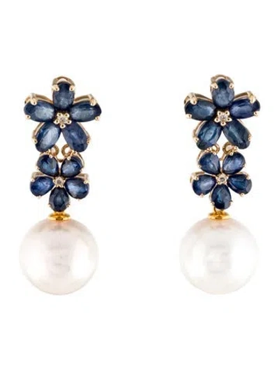 Pre-owned Nina Zhou 14k Pearl, 4.80ctw Sapphire,& Diamond Convertible Drop Earrings In Multi