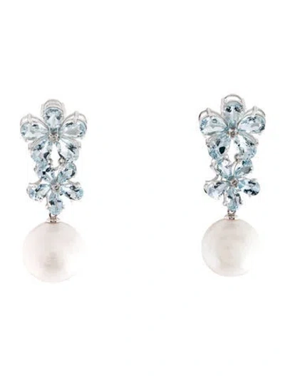 Pre-owned Nina Zhou 14k Pearl, 5.80ctw Aquamarine & Diamond Double Blossom Drop Earrings In Multi