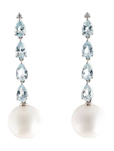 Pre-owned Nina Zhou 14k Pearl, Aquamarine & Diamond Drop Earrings In Multi