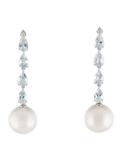 Pre-owned Nina Zhou 14k Pearl, Diamond, & Aquamarine Drop Earrings In Multi