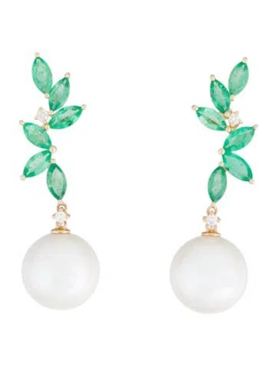 Pre-owned Nina Zhou 14k Pearl, Emerald & Diamond Drop Earrings In Multi