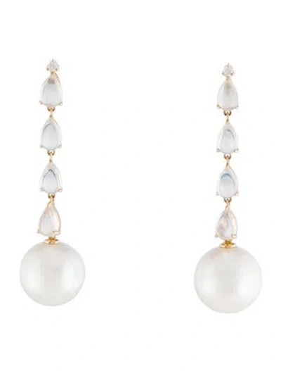 Pre-owned Nina Zhou 14k Pearl, Moonstone & Diamond Rhythem Drop Earrings In Multi