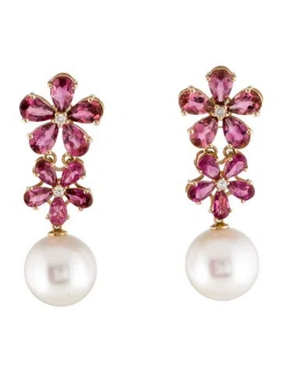 Pre-owned Nina Zhou 14k Pearl, Tourmaline & Diamond Flower Double Blossom Drop Earrings In Multi