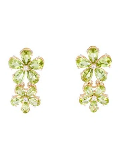 Pre-owned Nina Zhou 14k Peridot & Diamond Double Blossom Drop Earrings In Multi