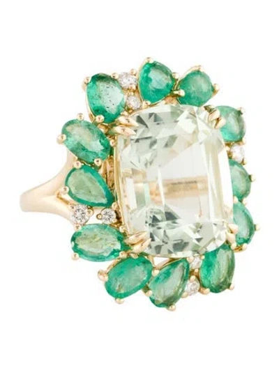 Pre-owned Nina Zhou 14k Prasiolite, Emerald & Diamond Cocktail Ring In Multi