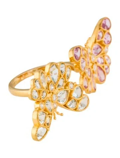 Pre-owned Nina Zhou 14k Sapphire, Aquamarine & Diamond Butterfly Between The Finger Cocktail Ring In Multi