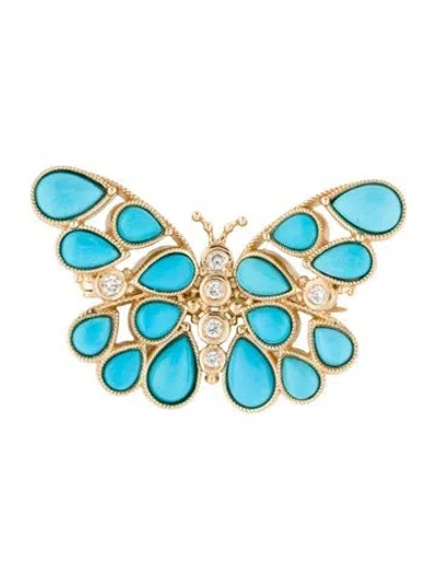 Pre-owned Nina Zhou 14k Turquoise & Diamond Butterfly Brooch In Multi