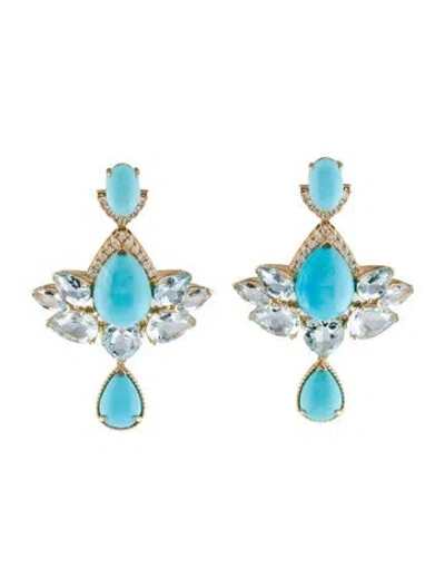 Pre-owned Nina Zhou 14k Turquoise, Aquamarine, & Diamond Aspire Lotus Drop Earrings In Multi