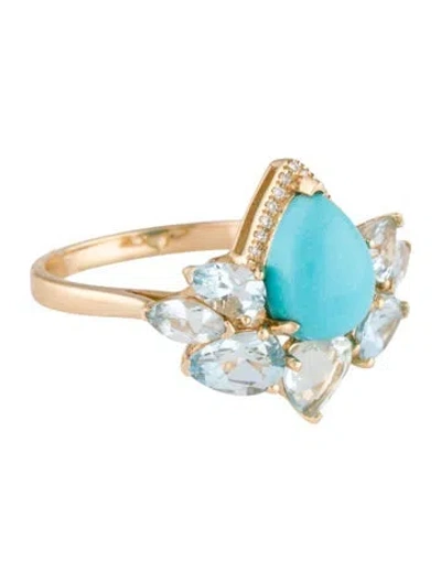 Pre-owned Nina Zhou 14k Turquoise, Aquamarine, & Diamond Lotus Cocktail Ring In Multi