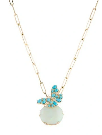 Pre-owned Nina Zhou 14k Turquoise, Opal & Diamond Butterfly Convertible Brooch Pendant Necklace, 18" In Multi