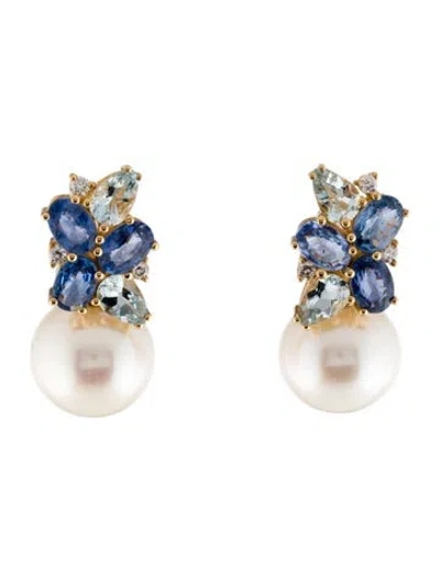 Pre-owned Nina Zhou 18k Pearl, Sapphire & Aquamarine Drop Earrings In Multi
