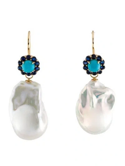 Pre-owned Nina Zhou 18k Pearl, Turquoise & Sapphire Convertible Drop Earrings In Multi