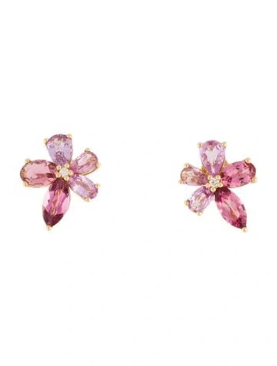 Pre-owned Nina Zhou 18k Sapphire, Tourmaline & Diamond Flower Stud Earrings In Multi