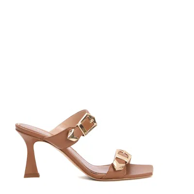 Ninalilou Double Band Leather Slipper Sandal Heel 75 Mm In Brown