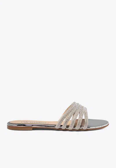 Ninalilou Elisa Crystal Embellished Flat Sandals In Silver