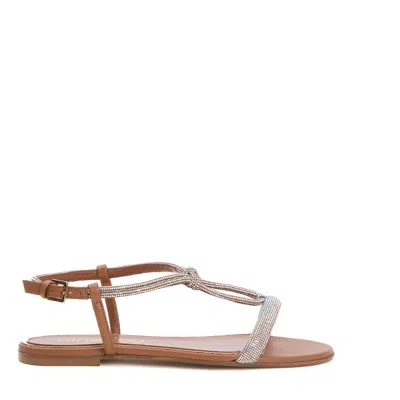 Ninalilou Low Leather And Rhinestone Sandal In Brown