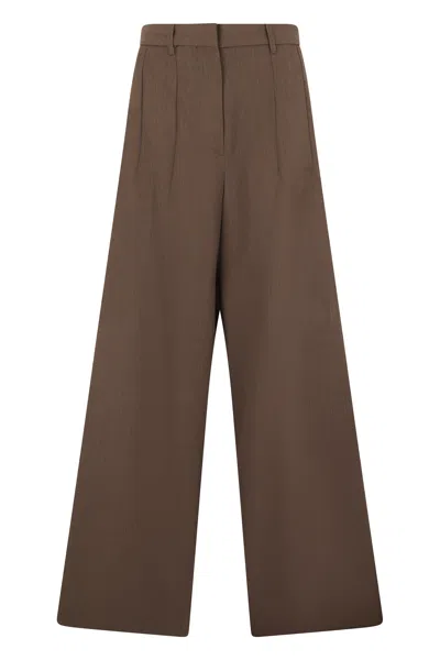 Nine In The Morning Elegant High-waist Wool Trousers With Pleats And Wide Legs In Brown