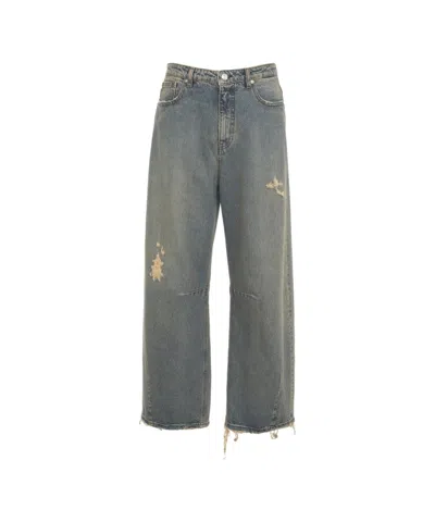 Nine In The Morning Relaxed Fit Wide-leg Jeans With Frayed Hem And Vintage Aesthetic In Blue
