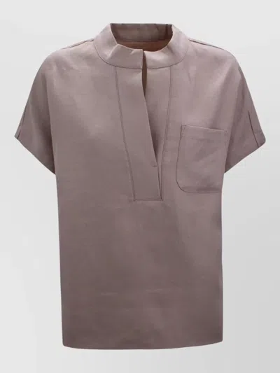Nine In The Morning V Neck Top Mandarin Collar Pocket In Brown