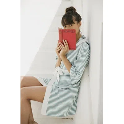 Nine Space Seaside Serenity Organic Cotton Hooded Short Robe With Stripes In Teal,white
