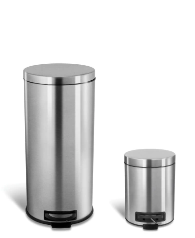 Nine Stars Group Usa Inc Stainless Steel 8 Gallons 30 Liters And 1.2 Gallons 5 Liters, Step-on Trash Can Combo Set In Silver