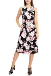 Nine West 10835364 A Line Printed Floral Cocktail Midi Dress In Black