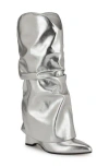 Nine West Amazin Foldover Shaft Pointed Toe Wedge Boot In Silver