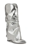 Nine West Amazin Foldover Shaft Pointed Toe Wedge Boot In Silver