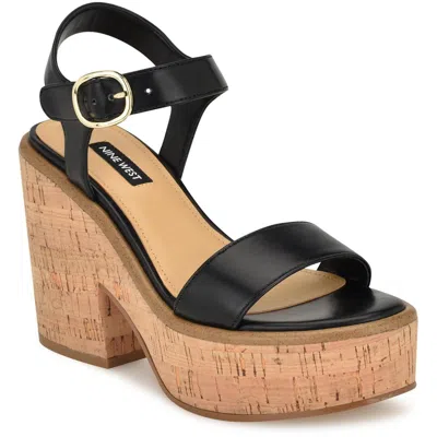 Nine West Amy3 Womens Cushioned Footbed Faux Leather Platform Sandals In Black - Faux Leather