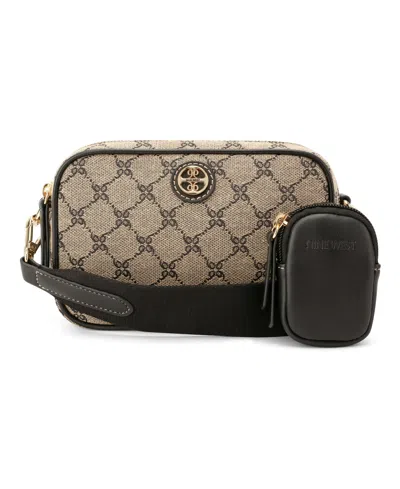Nine West Avaya Double Zip Camera Crossbody Bag In Natural Logo,black