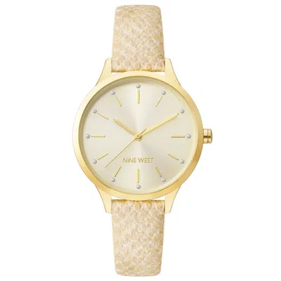 Nine West Beige Leather Dress Watch In Gold