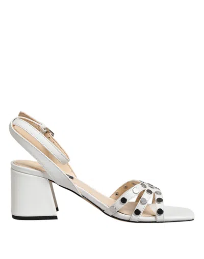 Pre-owned Nine West Block Heeled Studded Wrap Strap Sandals Women's Shoes () In White