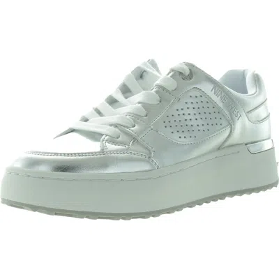 Nine West Camp Womens Metallic Faux Leather Casual And Fashion Sneakers In Silver