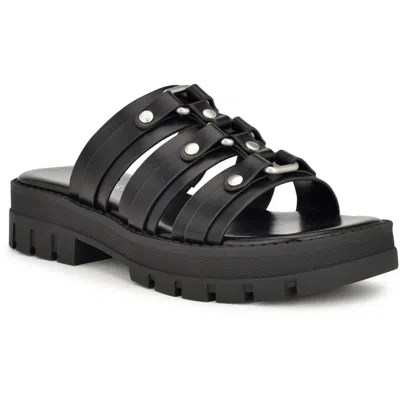 Nine West Cazz 3 Womens Faux Leather Slip On Slide Sandals In Black
