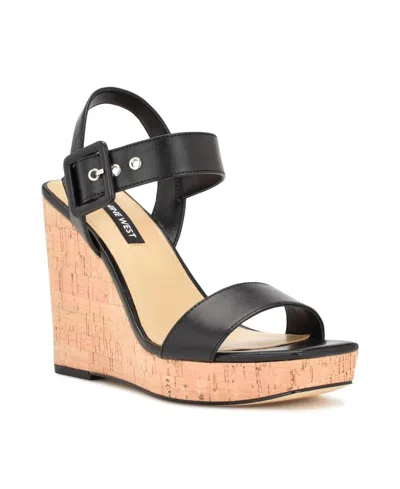 Nine West Courts Sandals Women's Black Ankle Strap Wedge Heel Lion700