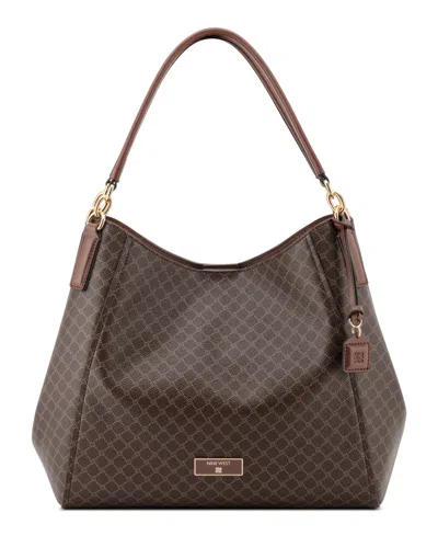 Nine West Deacon Triple Compartment Large Shoulder Bag In Brown Logo,mahogany