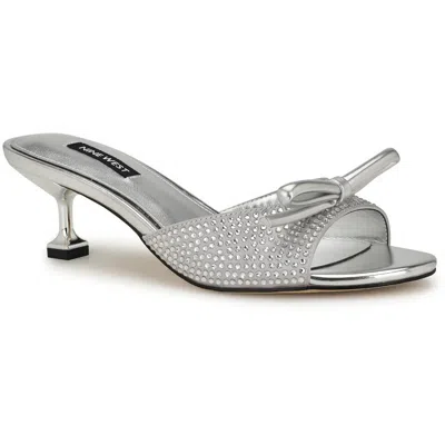 Nine West Delly2 Womens Embellished Man Made Mule Sandals In Silver Satin