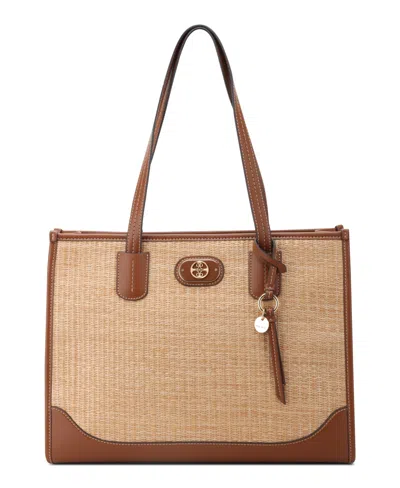 Nine West Designer Ely Shoulder Tote Bag In Natural Straw Saddle Tan