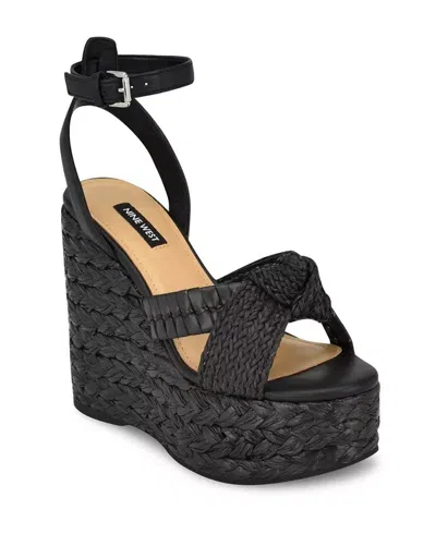 Nine West Eaden 1 Sandals Women's Black Ankle Strap Wedge Heel Ver586