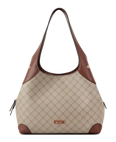 Nine West Eamon Large Shoulder Bag In Beige Logo Mahogany