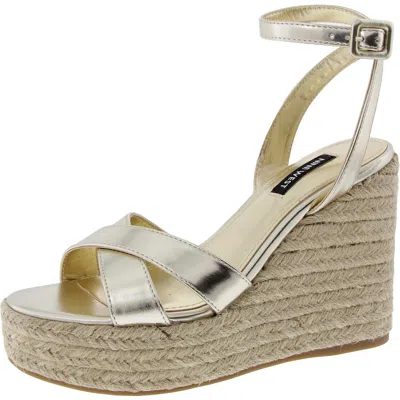 Nine West Women's Earnit Round Toe Ankle Strap Wedge Sandals In Gold - Faux Leather