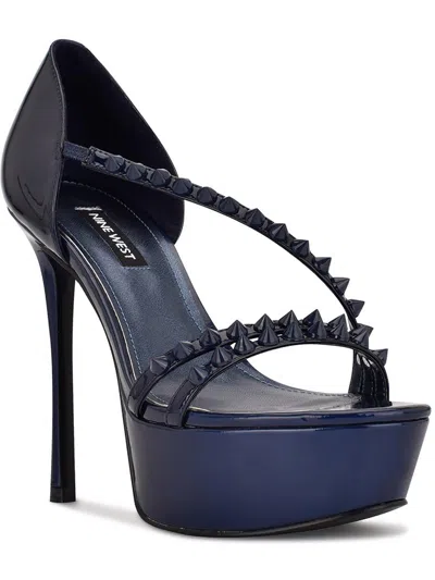 Nine West Fabla Womens Patent Studded Platform Sandals In Blue