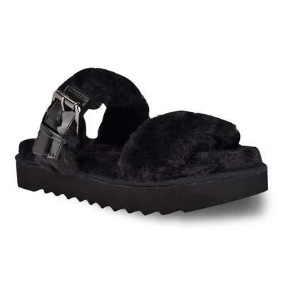 Nine West Funkie Sandals Women's Black Faux Fur Slip On Flat Slide Jobb217