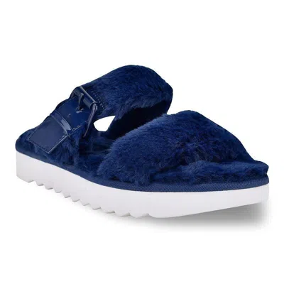 Nine West Funkie Sandals Women's Cobalt Blue Faux Fur Slip-on Slide Jobb179