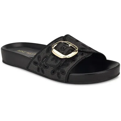 Nine West Giulia Womens Buckle Embossed Slide Sandals In Black