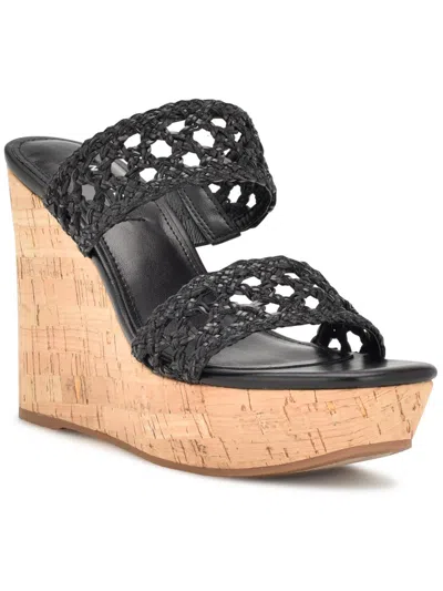 Nine West Kalani2 Womens Cork Heel Square Toe Wedge Sandals In Black