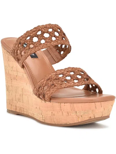 Nine West Kalani2 Womens Cork Heel Square Toe Wedge Sandals In Brown