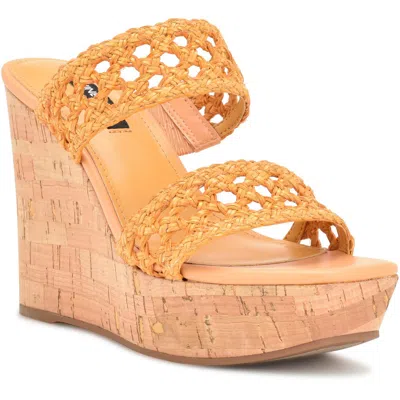 Nine West Kalani2 Womens Cork Heel Square Toe Wedge Sandals In Yellow