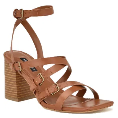 Nine West Karrly3 Womens Strappy Faux Leather Block Heel In Dark Natural